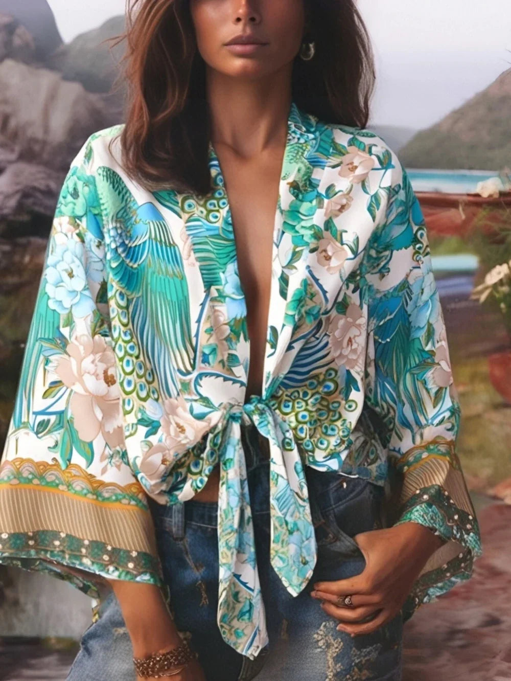 Happie Queens Peacock Short Robe Kimono Swimsuits Women Fashion Floral Batwing Sleeves Rayon Bohemian Bikini Cover Ups Beachwear