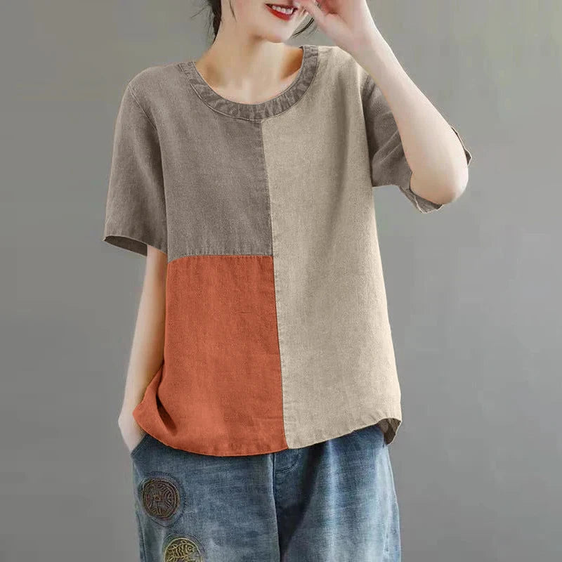 Women Patchwork Blouse 2024 Summer Short Sleeve Tunics Fashion Round Neck Shirts Casual Loose Holiday Cotton Linen Tops