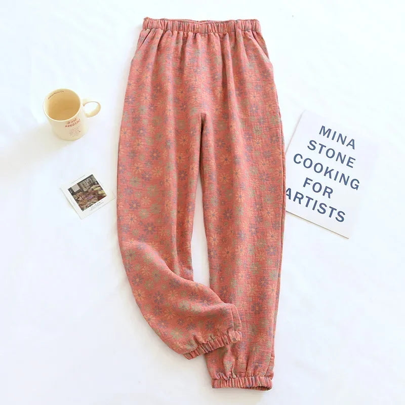 2025 New Spring Summer Women's Pajamas 100% Cotton Crepe Pants Women's Comfortable Loose Large Leaf Home Pants Thin bottoms