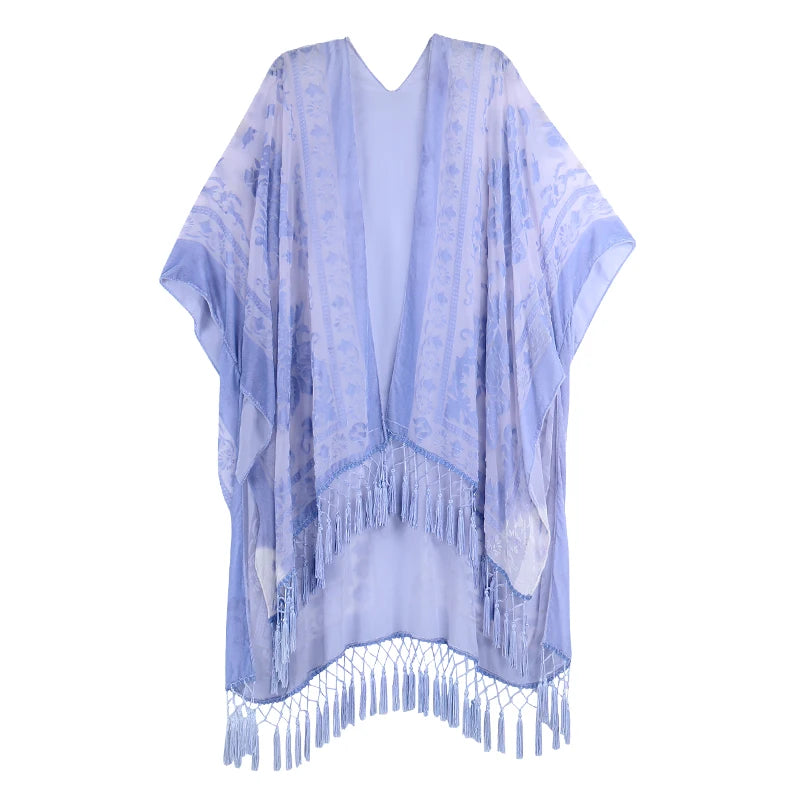 WeHello Bohemian burnt plush kimono Women's long Purple Tassel Beach Cover-up Holiday Casual Cardigan Shawl JYPF-20