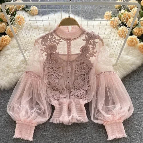 Lace Puff Long Sleeve Blouse Vintage Fashion Blouses Elegant Femme Blusas Korean Woman Tops Women Shirts Clothing Dropshipping