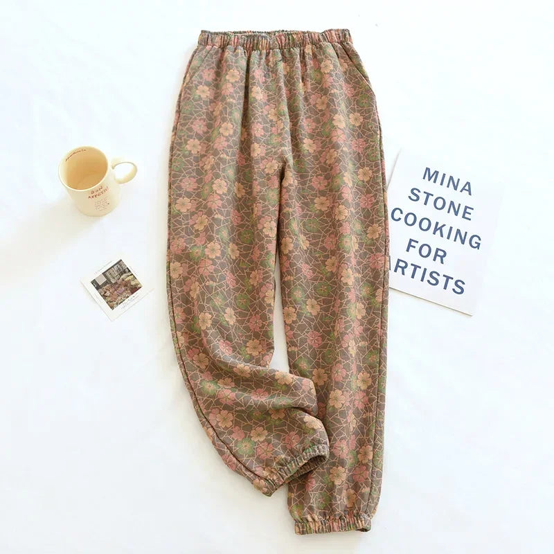 2025 New Spring Summer Women's Pajamas 100% Cotton Crepe Pants Women's Comfortable Loose Large Leaf Home Pants Thin bottoms