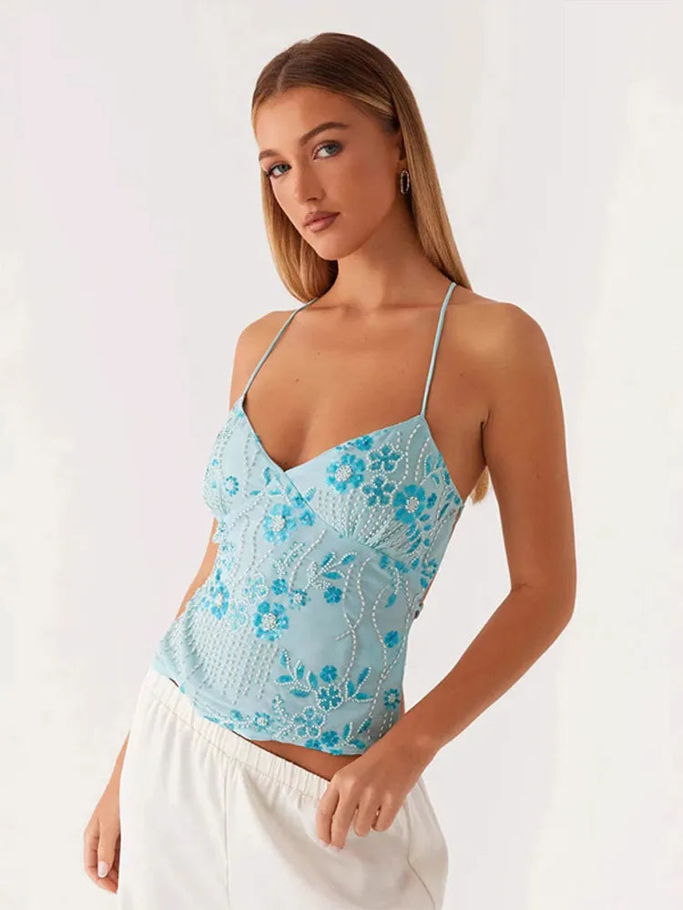 Fashion Solid Sequins Halter Crop Tops For Women Glitter Y2k Backless Lace-up Slim V Neck Top Summer Party Camisole Tank Shirts