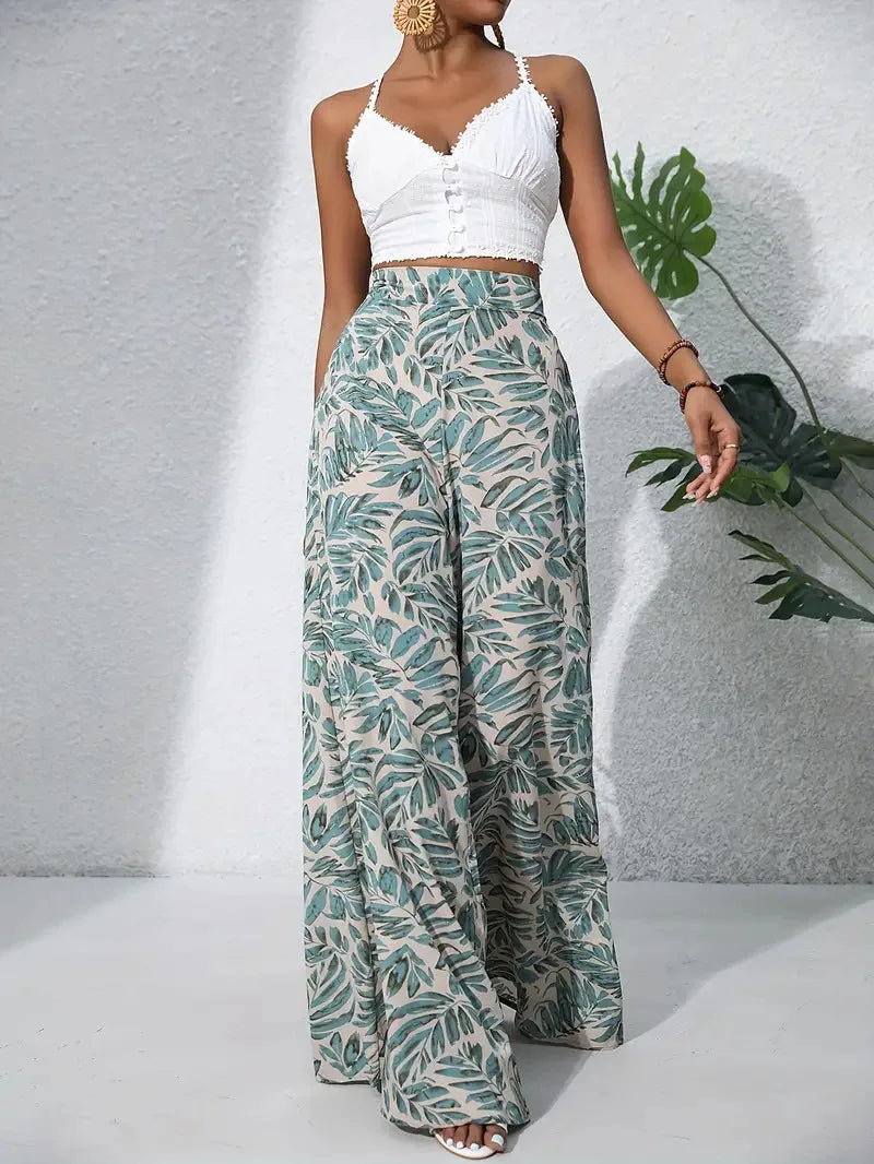 Qx Pants Painted Basic Mid-rise Loose Chiffon Pants Cropped Pants Korean Popular Clothes New Style Printed Casual Pants - emogogo