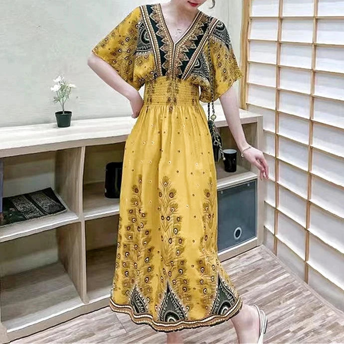 Casual Elegant Retro Bohemian National Style V-neck Elastic Waist Large Swing Printed Summer Long Skirt Woman Dress Clothes