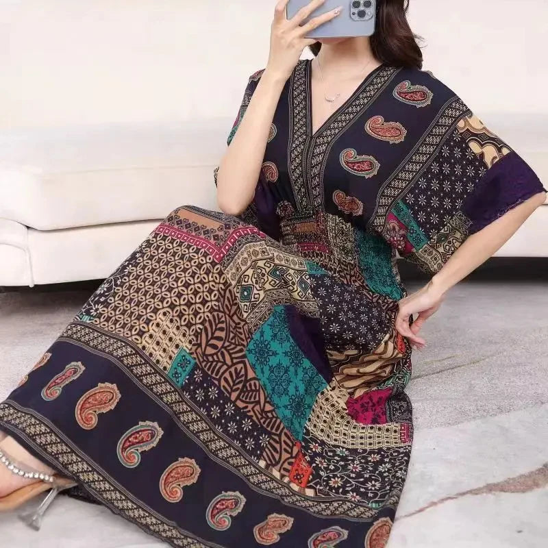 Casual Elegant Retro Bohemian National Style V-neck Elastic Waist Large Swing Printed Summer Long Skirt Woman Dress Clothes