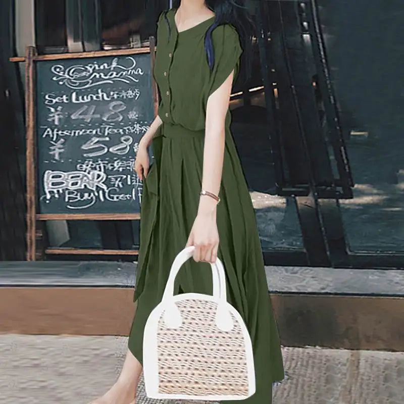 Women Fashion Short Sleeve Dress Summer Elegant Party Vestidos Casual Mid-calf Sundress Femme Vintage OL Robe Kaftan