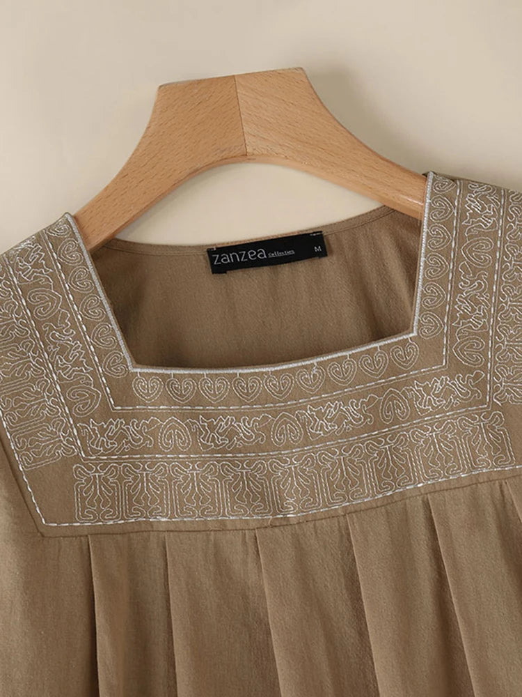Elegant Women Square Neck Half Sleeve Work Blouses Summer Embroidery Shirt Fashion Holiday Tunic Tops Loose Blusas Mujer