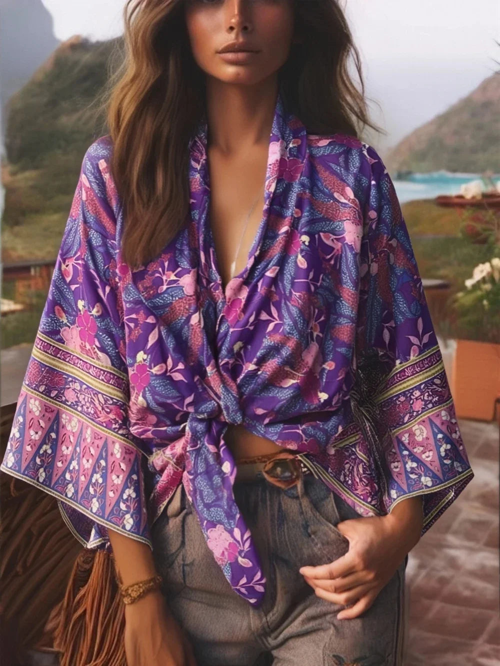 Happie Queens Floral Print Sashes Short Kimono Women Fashion V Neck Batwing Sleeves Robe Lady Boho Bikini Cover-ups