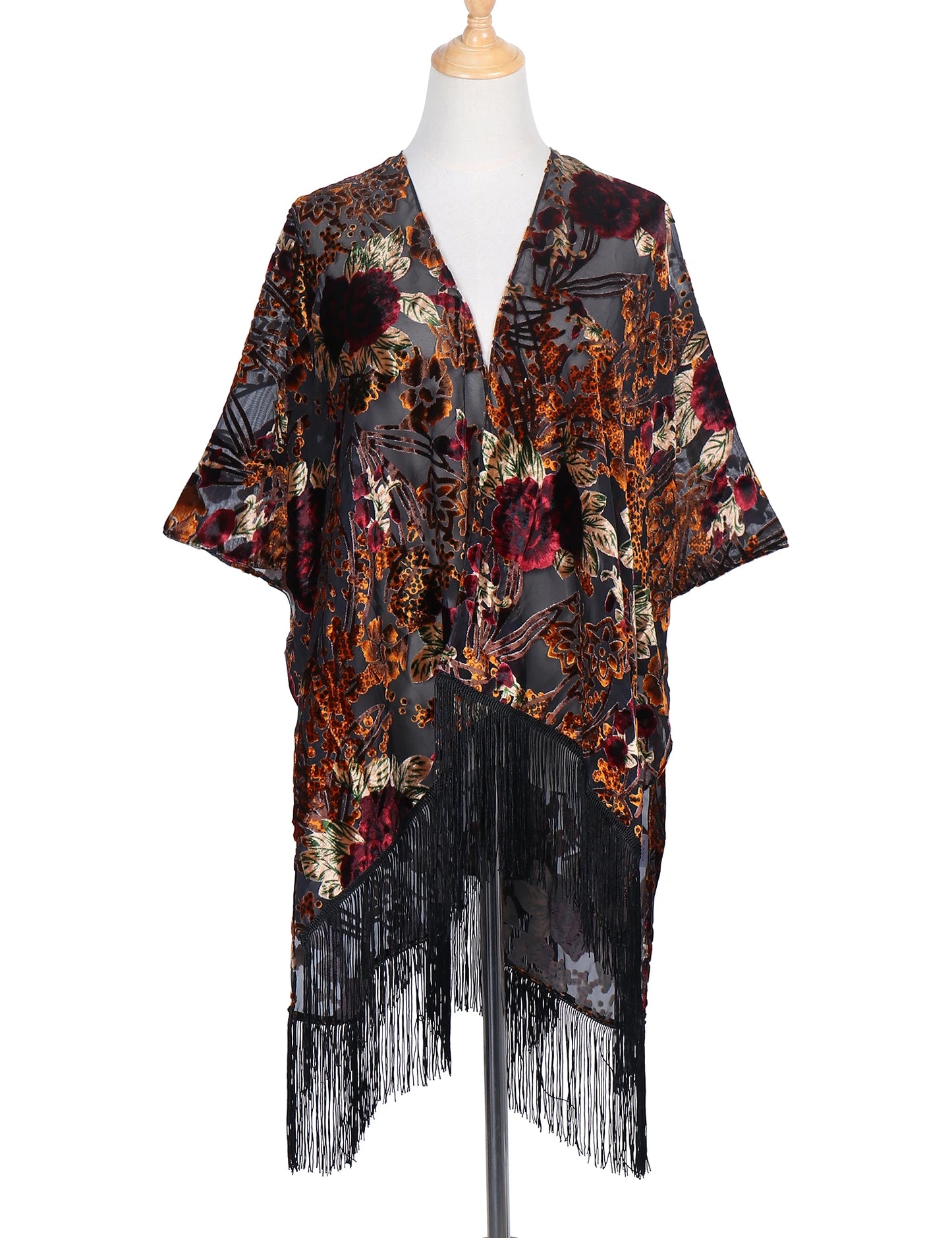 WeHello Bohemian burnt plush kimono Women's long Purple Tassel Beach Cover-up Holiday Casual Cardigan Shawl JYPF-20