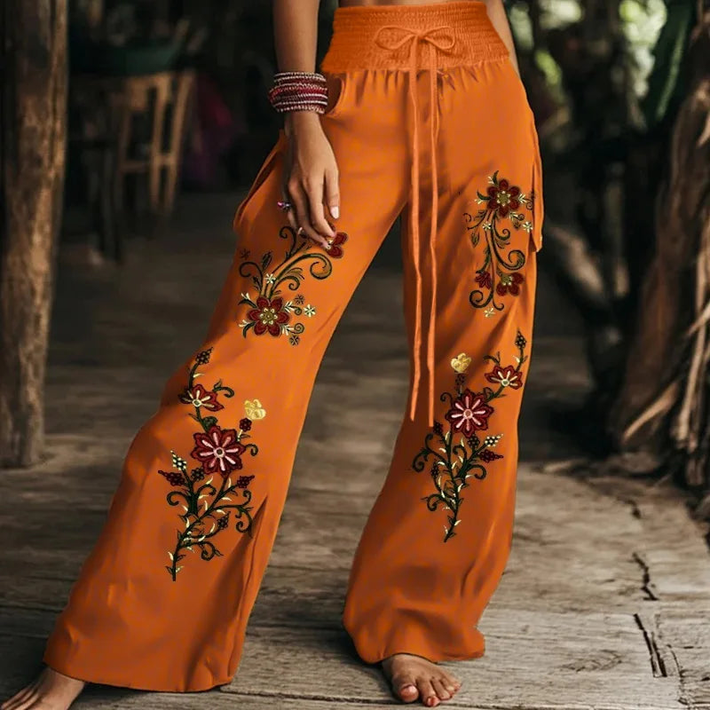 Autumn Fashion Casual Temperament Comfortable and Elegant Plant Print Women's Elastic Waist Pants