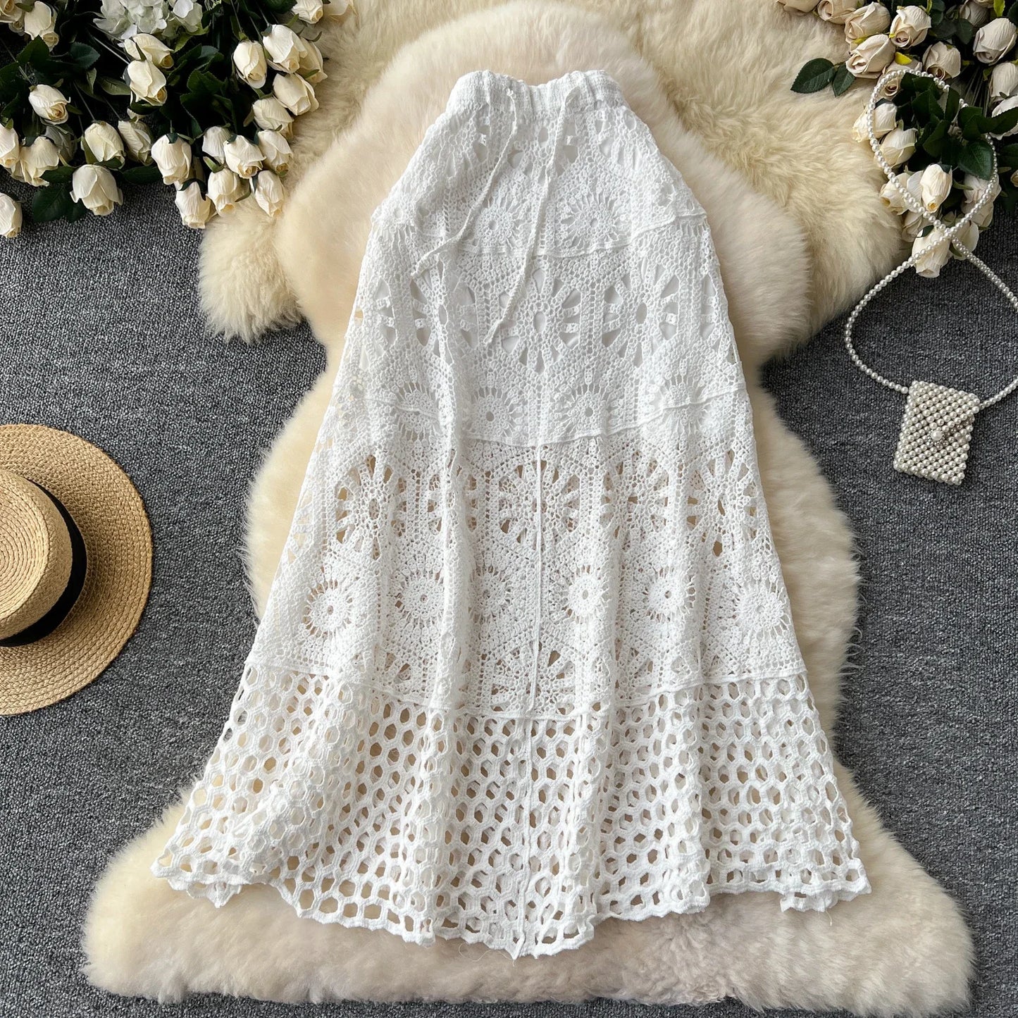 Cotton Floral Crochet Knitted Lace Skirt For Women Vintage Hollow Out Elastic Waist Skirts Summer Holiday Long Boho Beach Falda