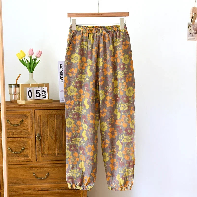 2025 New Spring Summer Women's Pajamas 100% Cotton Crepe Pants Women's Comfortable Loose Large Leaf Home Pants Thin bottoms