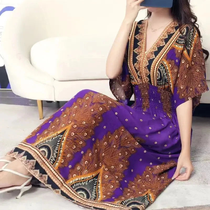Casual Elegant Retro Bohemian National Style V-neck Elastic Waist Large Swing Printed Summer Long Skirt Woman Dress Clothes