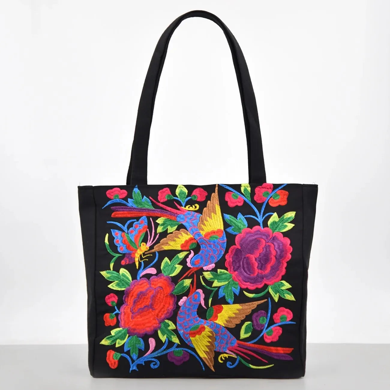 Ethnic Style Flower Embroidery Canvas Tote Shoulder Bag Large Capacity Handbag For Women