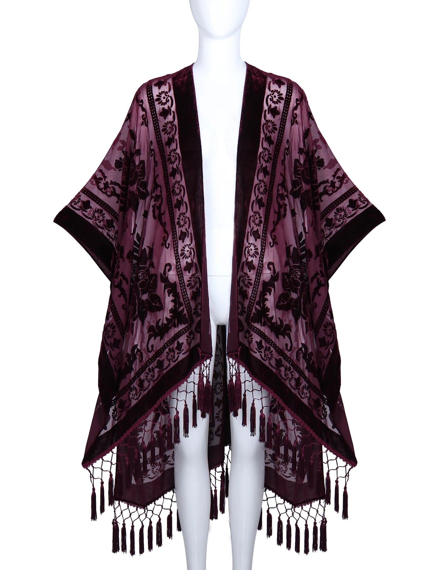 WeHello Bohemian burnt plush kimono Women's long Purple Tassel Beach Cover-up Holiday Casual Cardigan Shawl JYPF-20