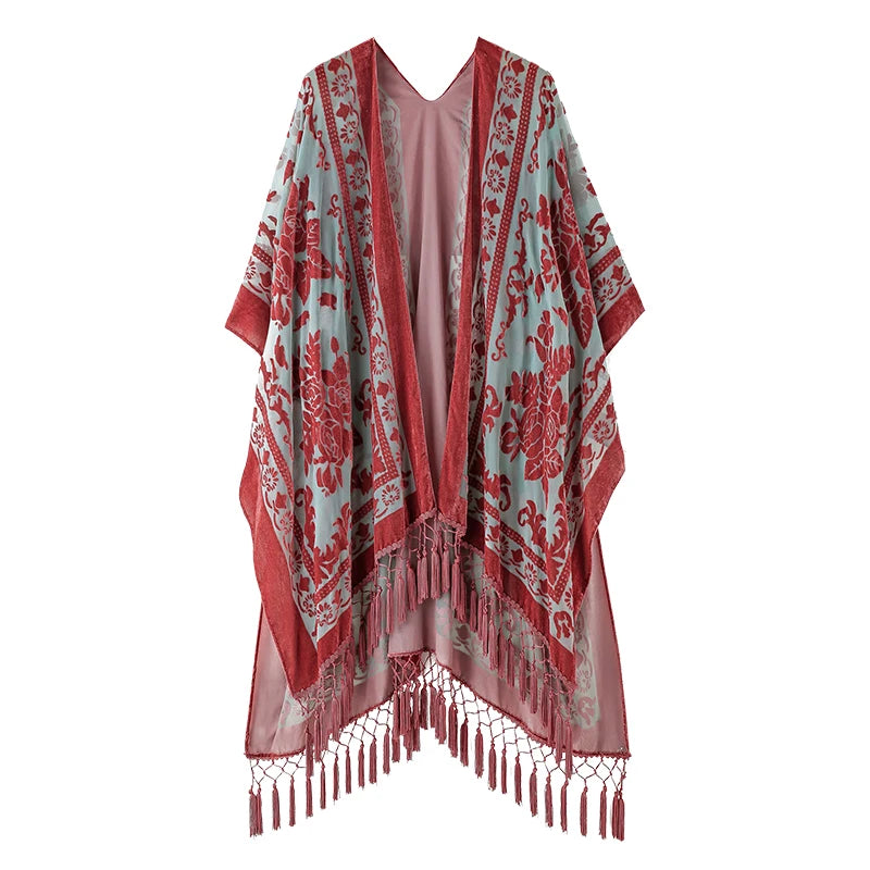 WeHello Bohemian burnt plush kimono Women's long Purple Tassel Beach Cover-up Holiday Casual Cardigan Shawl JYPF-20