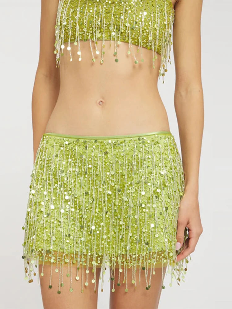 Sexy Sequin Tassels Beach Outfits Women Shiny Fashion Bikinis Sets Female 2025 Summer Holiday High Street Raves Sets 2 Pieces