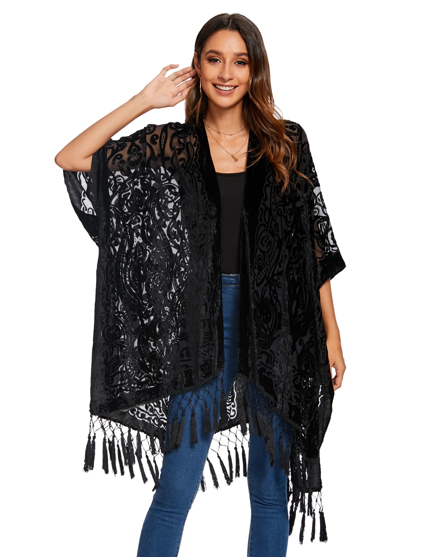 WeHello Bohemian burnt plush kimono Women's long Purple Tassel Beach Cover-up Holiday Casual Cardigan Shawl JYPF-20