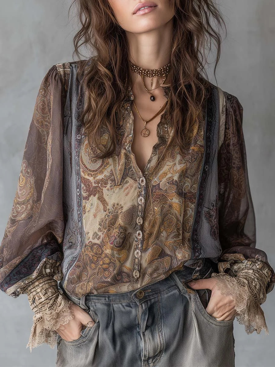 Retro Paisley Print Loose Blouse Women O Neck Button Long Sleeve Patchwork Basic Shirts Casual Beach Bohemian Tops blusas femmes