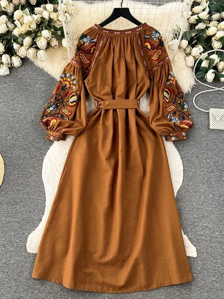 Women Spring Autumn Dress Vintage Ethnic Style Lantern Long Sleeve Embroidered Round Neck Slim A-line Cotton Linen Dress D4930