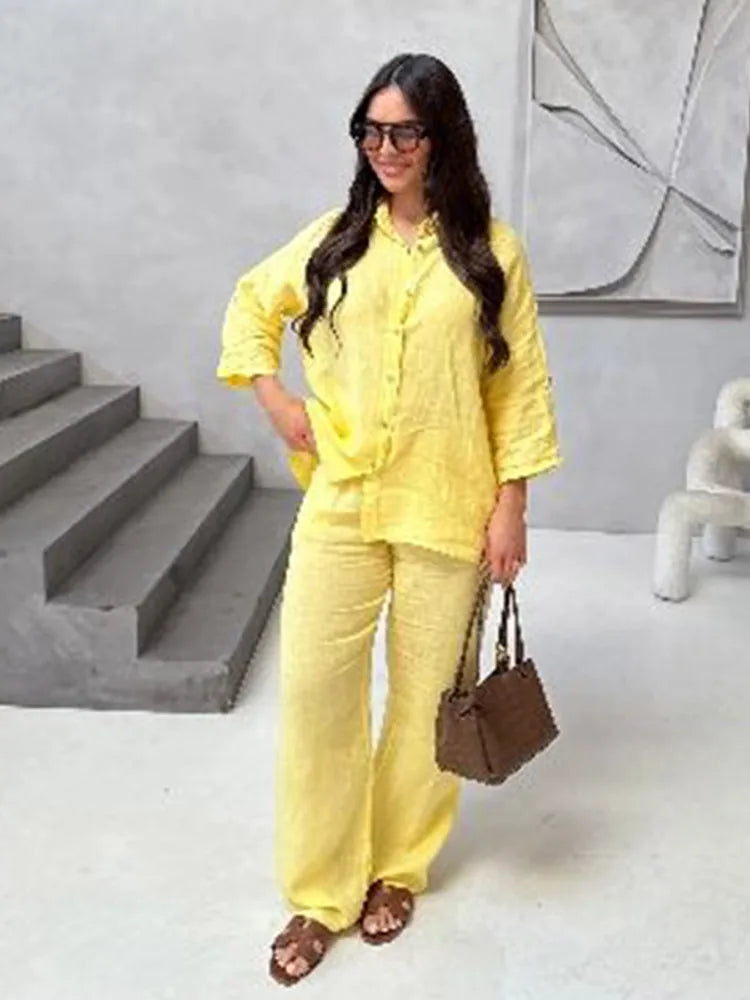 Yellow Casual Ruffles Lace-up Shirts For Women Fashion Loose Long Sleeve V Neck Summer Blouse Lady Lightweight Holiday Tops 2025