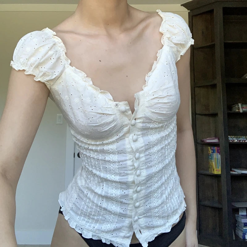 90s French Vintage Floral T-shirt Fairy Grunge Kawaii Button Frill V Neck Pullovers Tee Women Y2K Aesthetic White Crop Top Retro