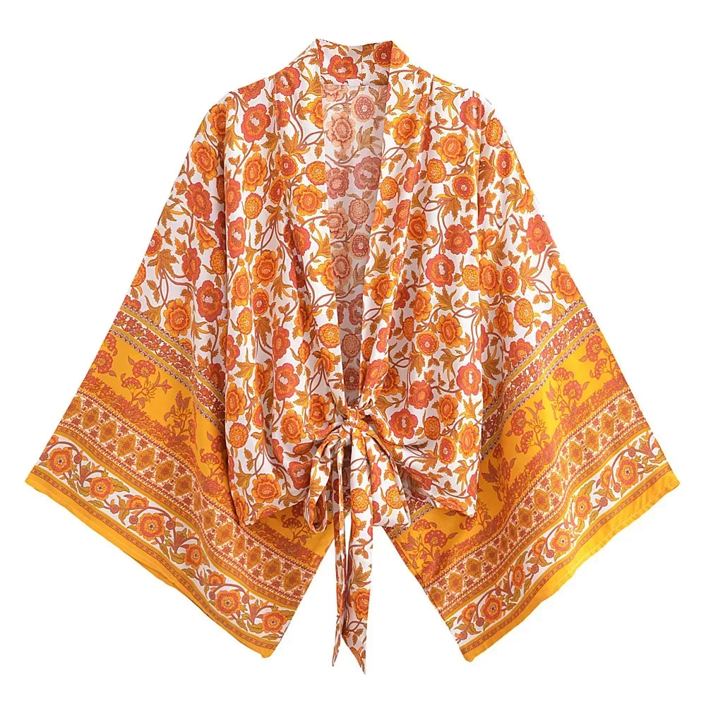 Happie Queens Floral Print Sashes Short Kimono Women Fashion V Neck Batwing Sleeves Robe Lady Boho Bikini Cover-ups
