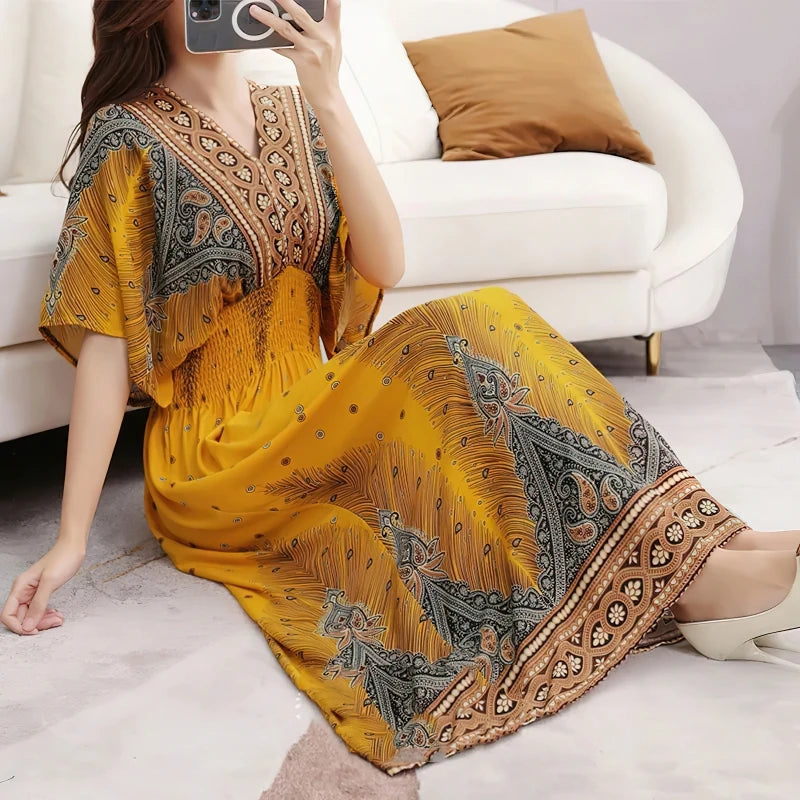 Casual Elegant Retro Bohemian National Style V-neck Elastic Waist Large Swing Printed Summer Long Skirt Woman Dress Clothes