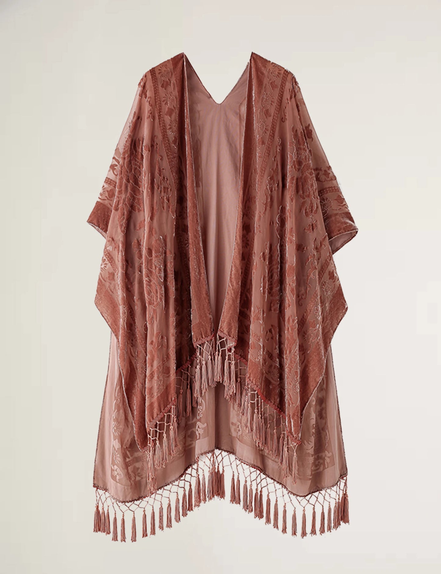 WeHello Bohemian burnt plush kimono Women's long Purple Tassel Beach Cover-up Holiday Casual Cardigan Shawl JYPF-20