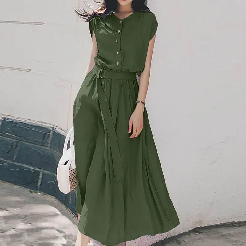 Women Fashion Short Sleeve Dress Summer Elegant Party Vestidos Casual Mid-calf Sundress Femme Vintage OL Robe Kaftan