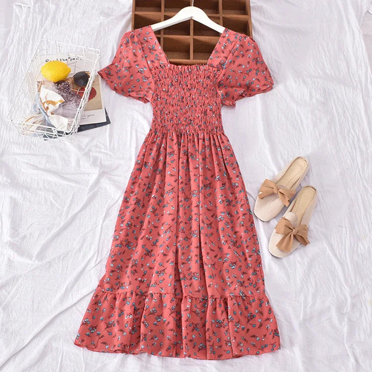 Sweet Spring Summer Floral Print Dress For Women Casual Square Neck Short Sleeve Elastic High Waist Midi Dresses With Ruffle Hem
