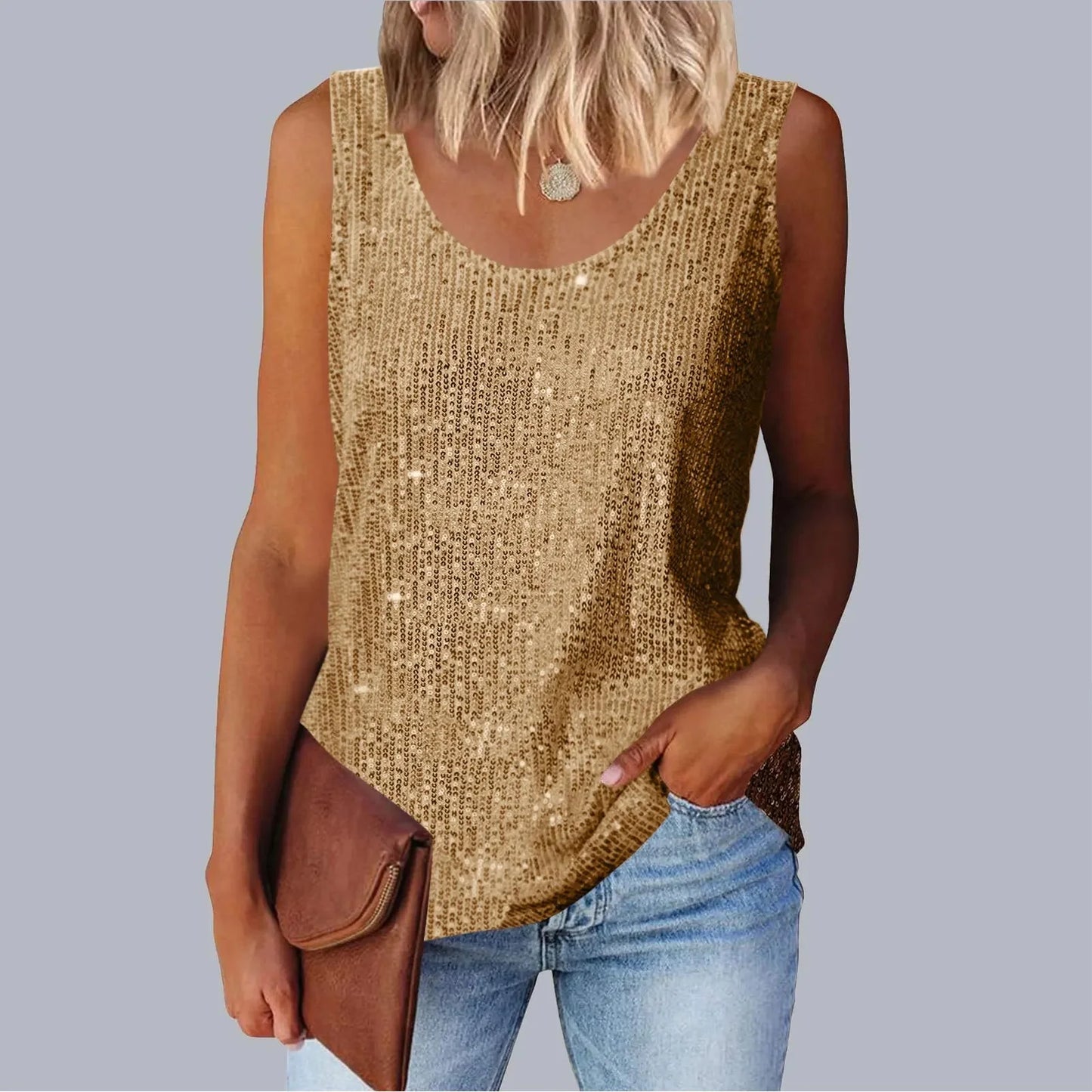 Women's Loose-Fit Round Neck Vest Polyester Fiber Metal Patch Decorative Women's Sweater