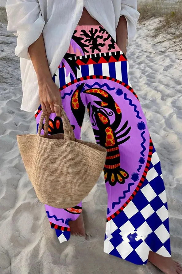 Ladies Beach Pants High Quality Pure Cotton Fabric Blue Fish Graphic Printing Chic Trend Fashion New Loose Wide Leg Trousers