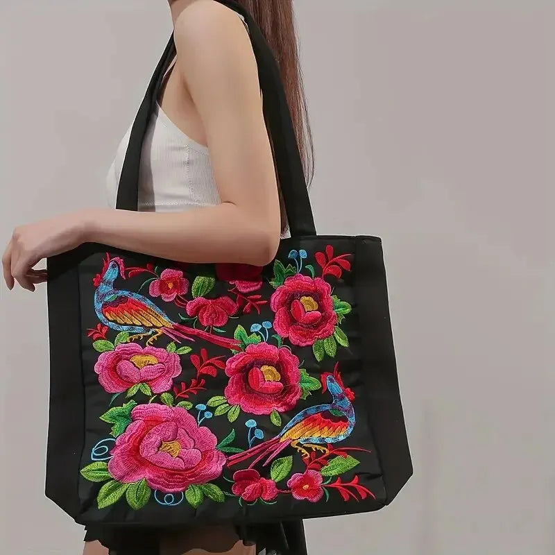 Ethnic Style Flower Embroidery Canvas Tote Shoulder Bag Large Capacity Handbag For Women