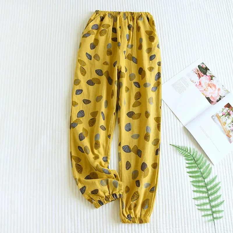 2025 New Spring Summer Women's Pajamas 100% Cotton Crepe Pants Women's Comfortable Loose Large Leaf Home Pants Thin bottoms