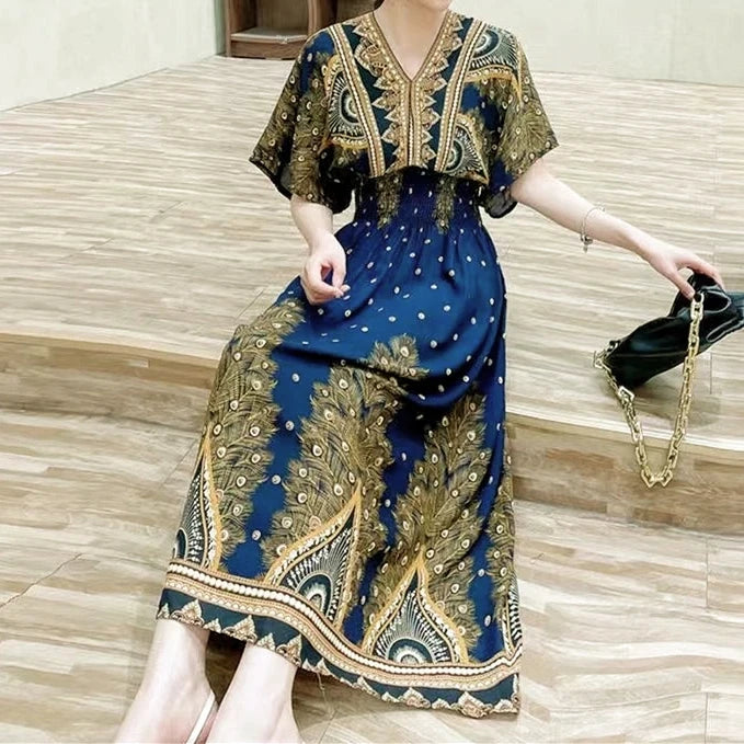Casual Elegant Retro Bohemian National Style V-neck Elastic Waist Large Swing Printed Summer Long Skirt Woman Dress Clothes