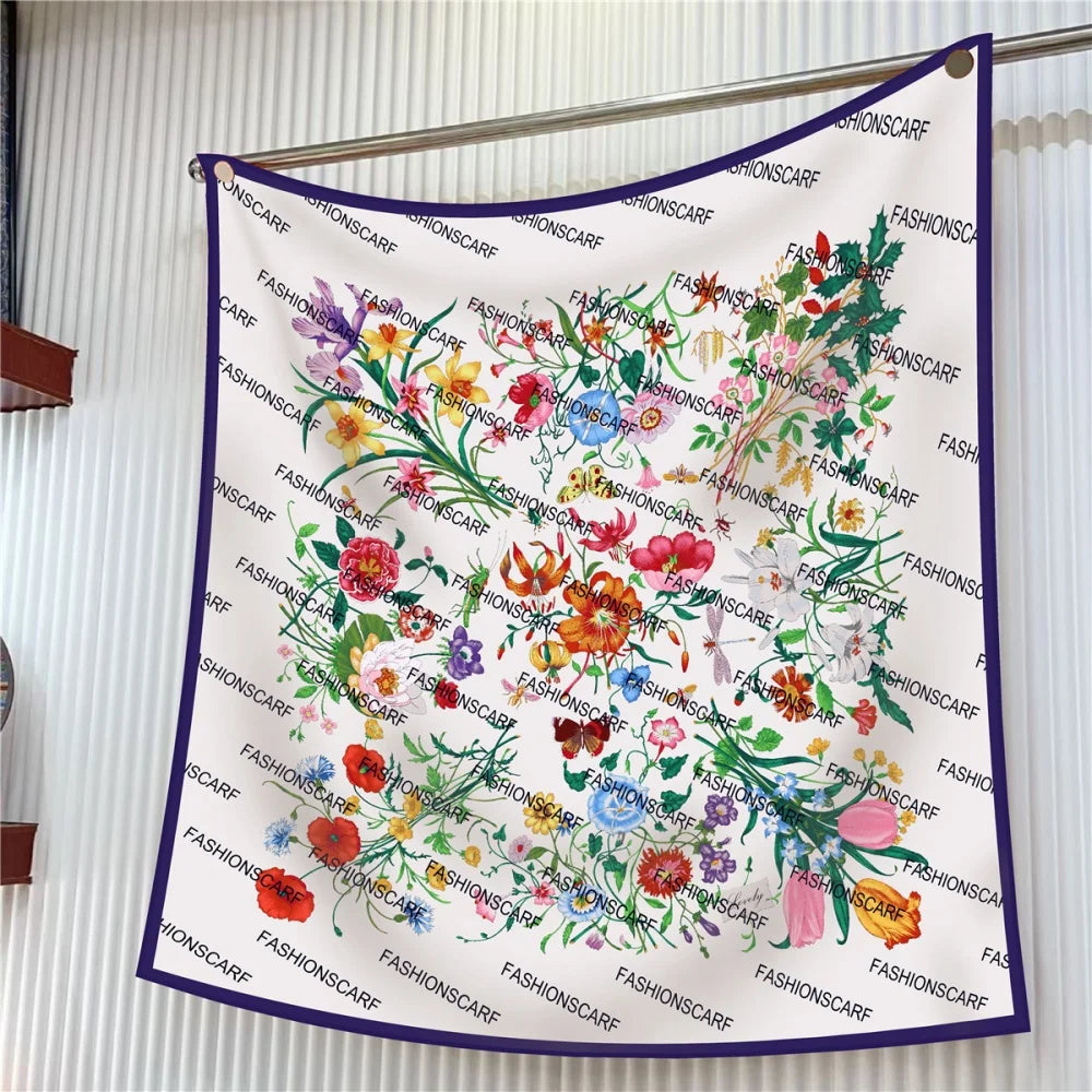 Silk Scarf Women Floral Printed Square Scarves Head Echarpes Silk Foulards Femme Wraps Beach Shawls Bandana Lady Hijabs 90CM