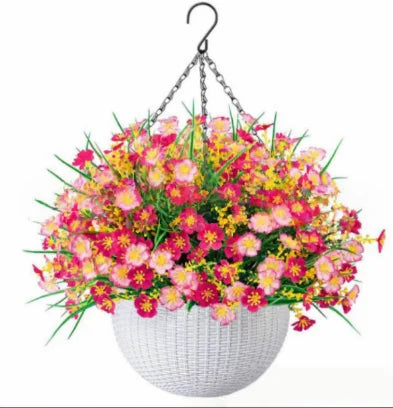 Fake Hanging Flowers With Basket -Artificial Flowers, Outdoor/Indoor Patio Lawn Decor, Artificial Hanging Plants For Wall, , Roo