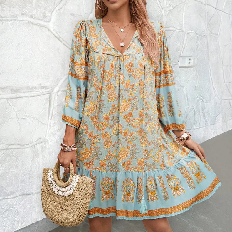Canwedance Women's Bohemian Printed Dress V Neck Chic Short Dress Loose Fit Viscose Holiday Dresses Femme Hippie Vestidos