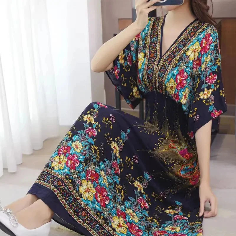 Casual Elegant Retro Bohemian National Style V-neck Elastic Waist Large Swing Printed Summer Long Skirt Woman Dress Clothes