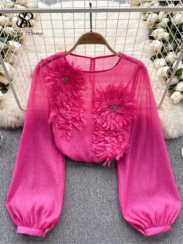 Spring Loose Satin Blouse Women O Neck Long Sleeves Sheer Bohemian Top 2024 Transparent 3D Floral Casual Shirt