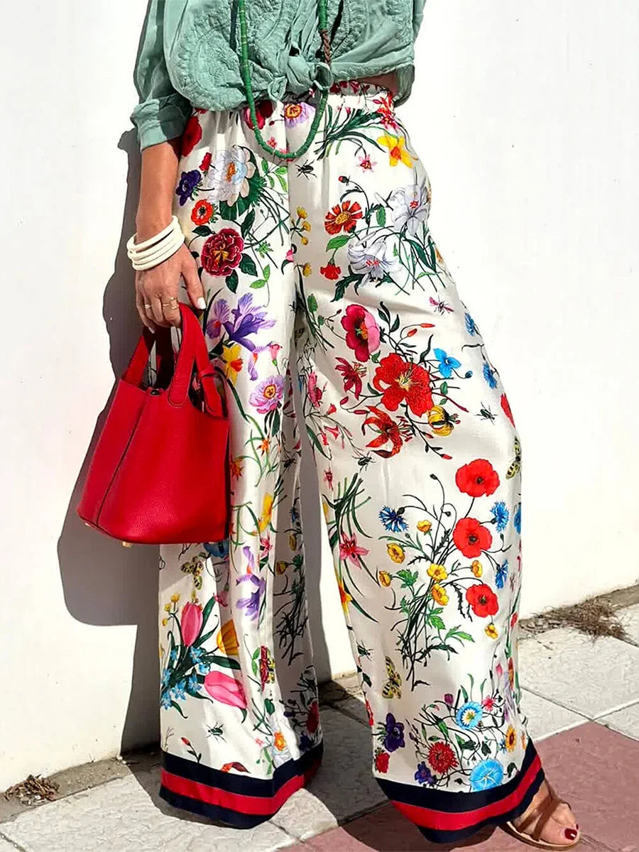 Women's Fall Casual Outfits Floral Print Long Sleeve Button Down Lapel Shirt with Elastic Waist Wide Leg Pants Sets Streetwear