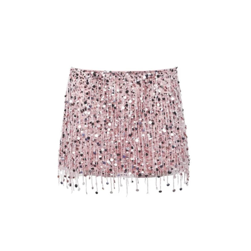 Sexy Sequin Tassels Beach Outfits Women Shiny Fashion Bikinis Sets Female 2025 Summer Holiday High Street Raves Sets 2 Pieces