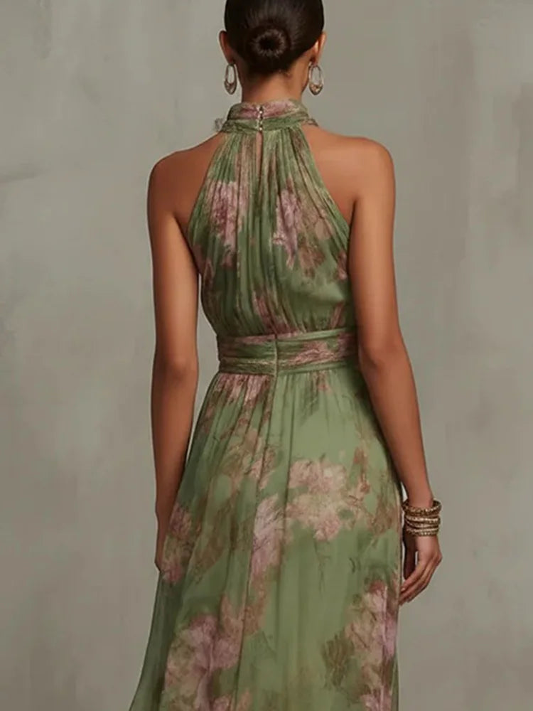Fashion Sleeveless High Neck Ruched Waist Chiffon Flowy Evening Party Dress 2026 New Women Floral Print Halter Maxi Dress
