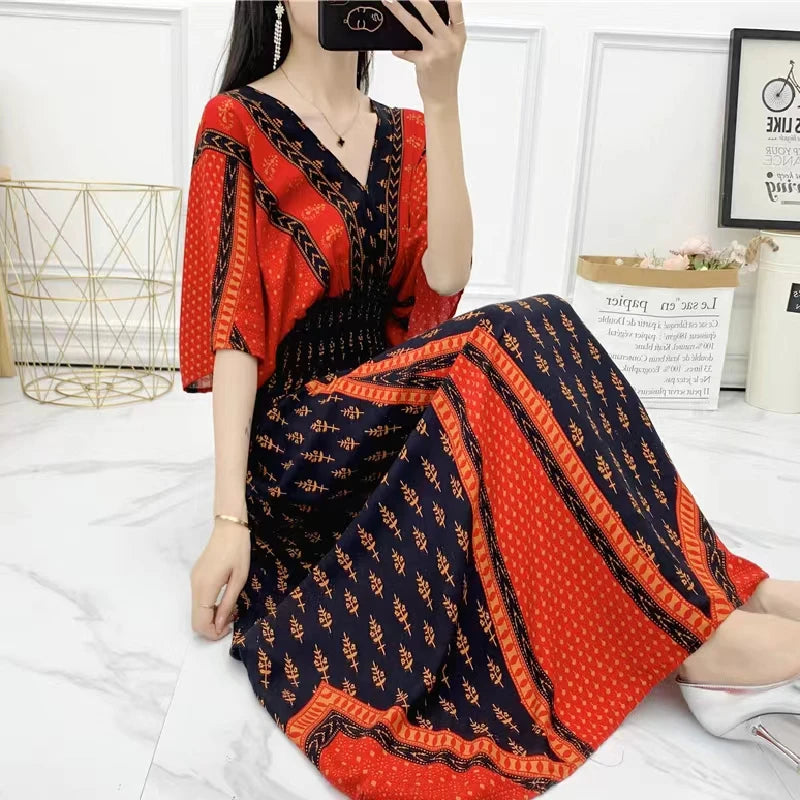 Casual Elegant Retro Bohemian National Style V-neck Elastic Waist Large Swing Printed Summer Long Skirt Woman Dress Clothes