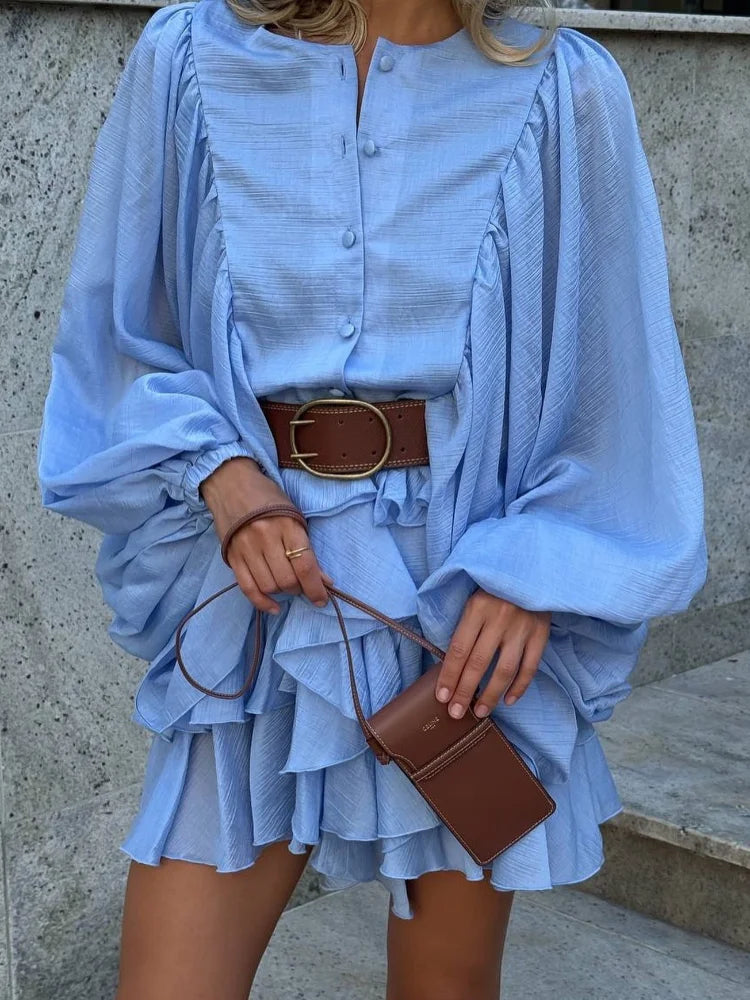 Irregular Ruffled Edge Buttons Lantern Sleeve Dress Women Chic Pleated Chiffon O Neck Mini Gowns Lady High Street Vestidos 2025
