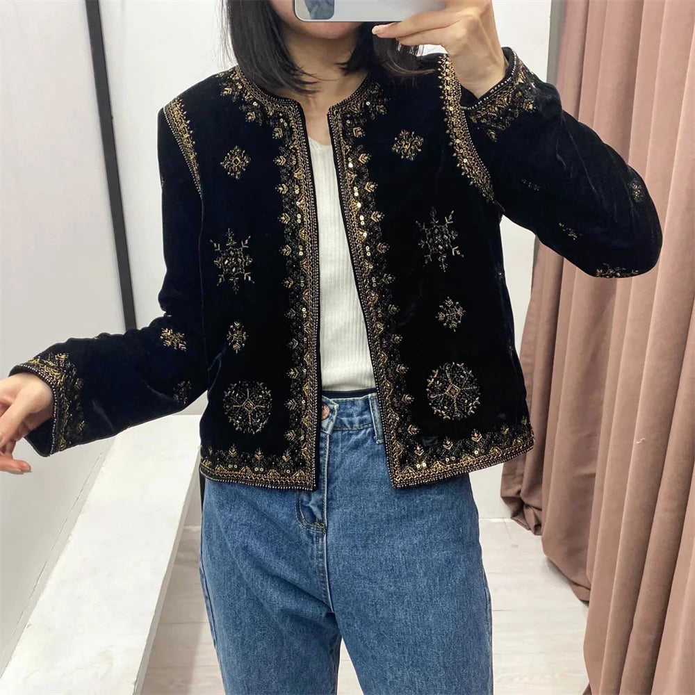 Zarb Spring/Summer New Women's Fashion and Versatile Slim Fit Trendy Palace Embroidered Velvet Coat
