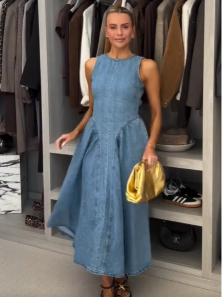 Sexy Women Backless Lace Up High Waisted Denim Dress Fashion O Neck Sleeveless A Line Dresses Spring Chic Lady Street Robes