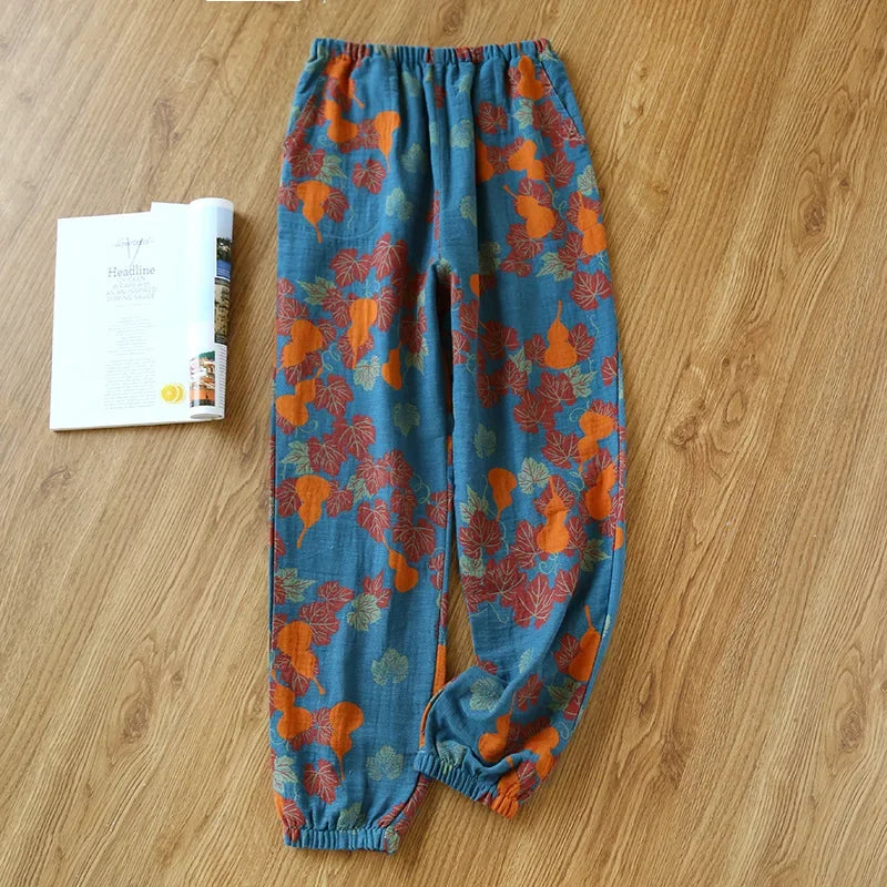 2025 New Spring Summer Women's Pajamas 100% Cotton Crepe Pants Women's Comfortable Loose Large Leaf Home Pants Thin bottoms